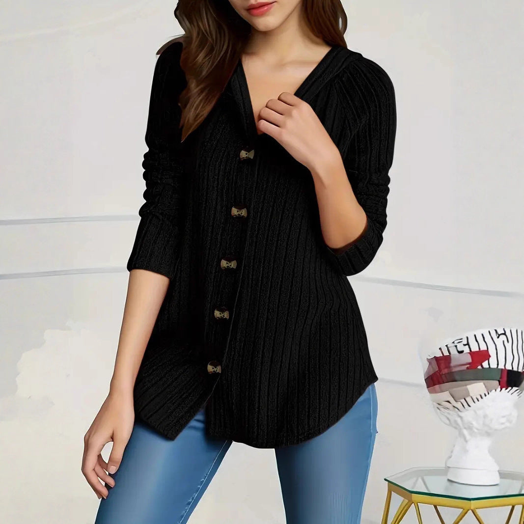 Women's concealing ribbed knit cardigan with V-neck and decorative buttons Mune Fashion