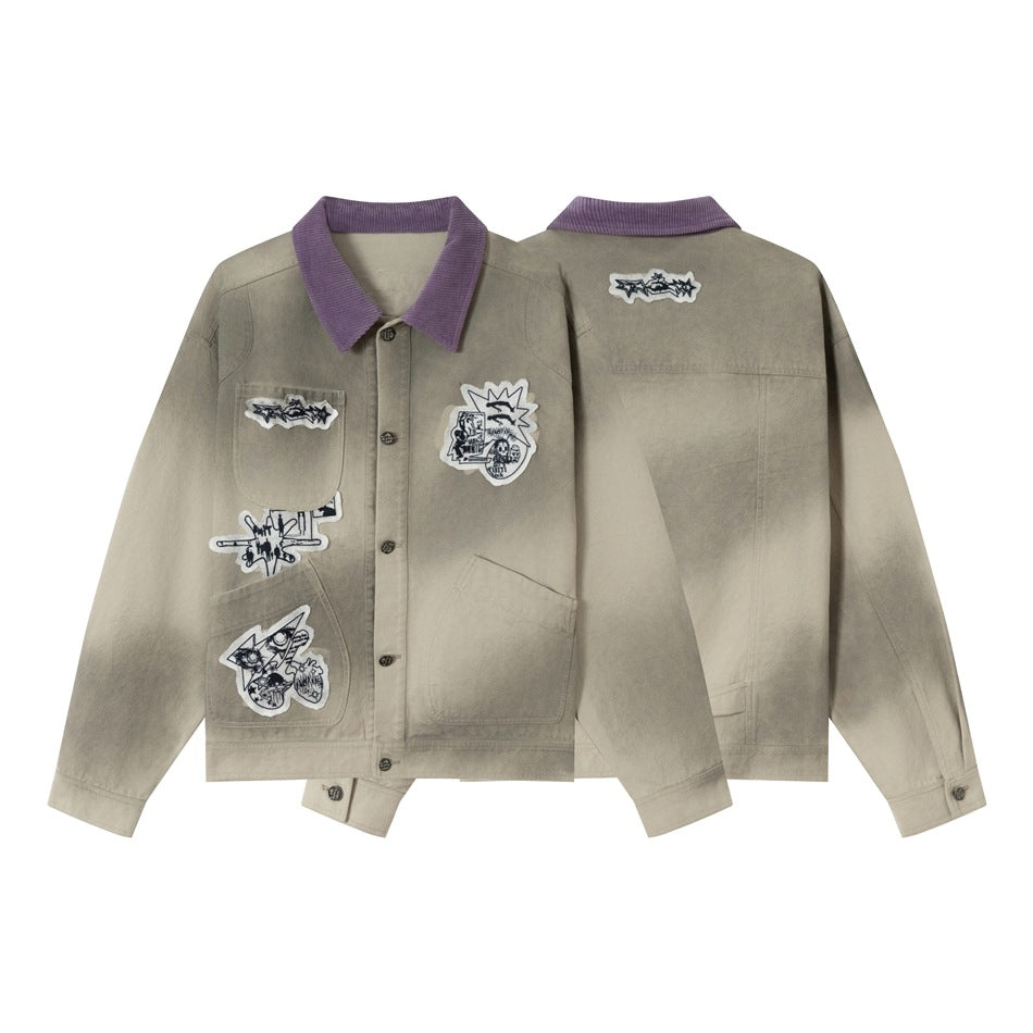 Unisex Traditionally tailored chore jacket made of cotton canvas with artistic patch applications and cord collar Mune Fashion