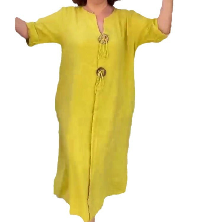 Ladies Long Linen Look Kaftan Dress with Wooden Ring Decorative Cord and Roll-Up Three-Quarter Sleeves Mune Fashion