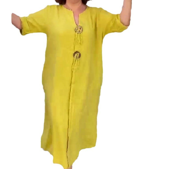 Ladies Long Linen Look Kaftan Dress with Wooden Ring Decorative Cord and Roll-Up Three-Quarter Sleeves Mune Fashion