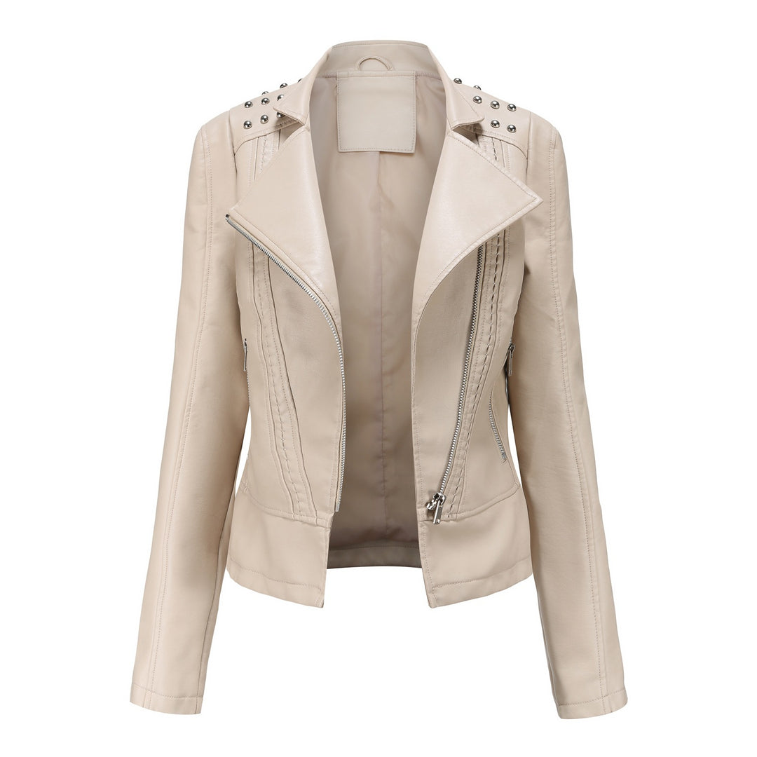 Women's cropped biker jacket made of faux leather with studs and asymmetrical zipper Mune Fashion