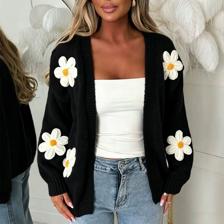 Women’s Oversize Knit Cardigan with 3D Flower Appliqués and Ribbed Hem Mune Fashion