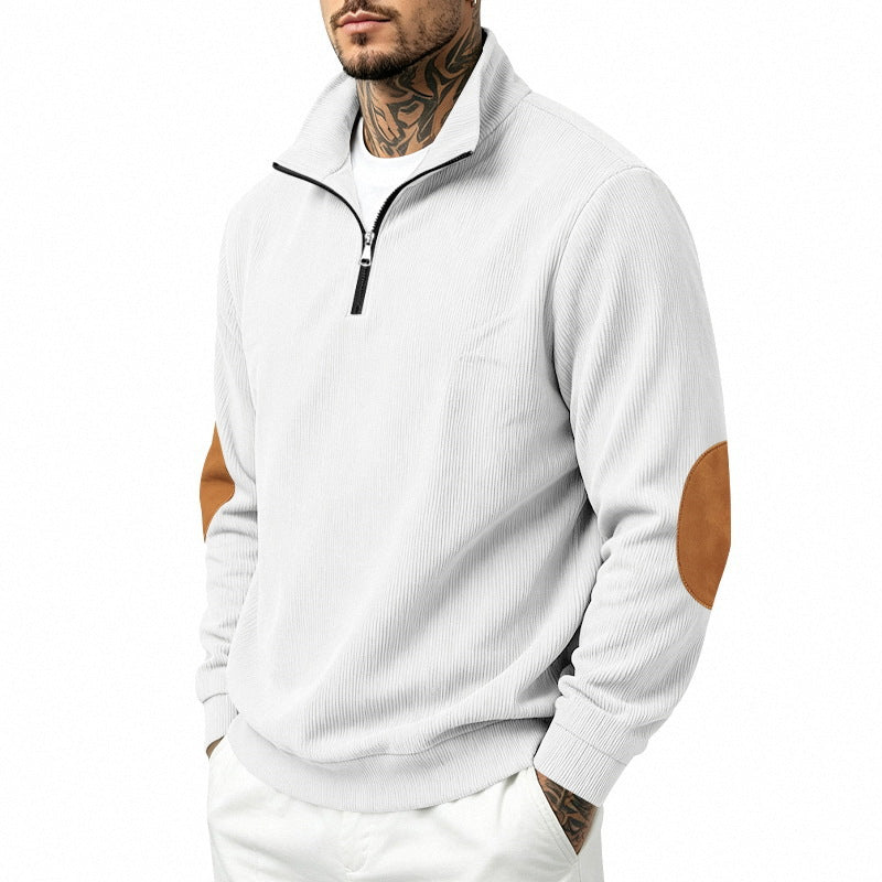 Men's fine knit half-zip sweater with cord structure and contrast elbow patches Mune Fashion