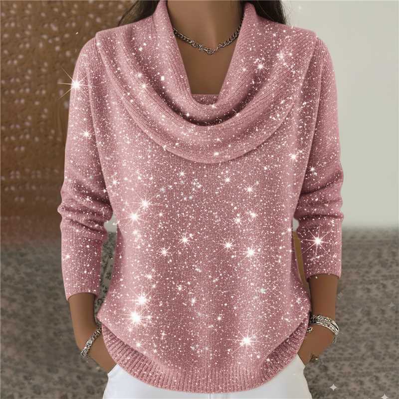 Women's shimmering knit sweater with waterfall collar, fine glitter structure and slim hem Mune Fashion