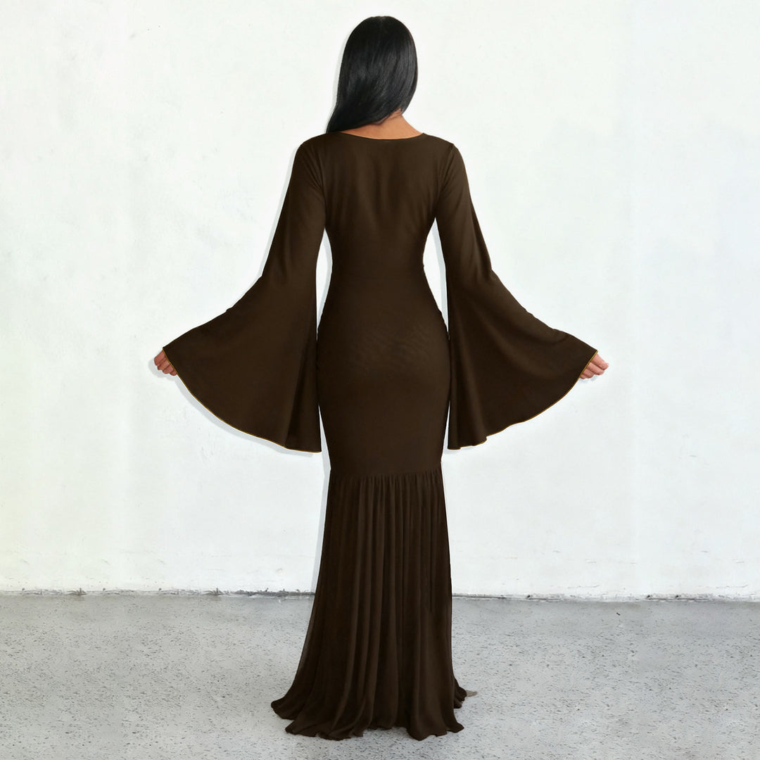 Women’s gathered maxi dress with V-neck, trumpet sleeves, and tiered ruffle Mune Fashion