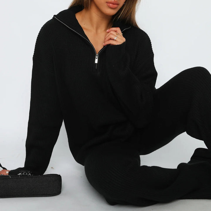 Women's Ribbed Knit Lounge Set with Half Zip and Wide Palazzo Pants Mune Fashion