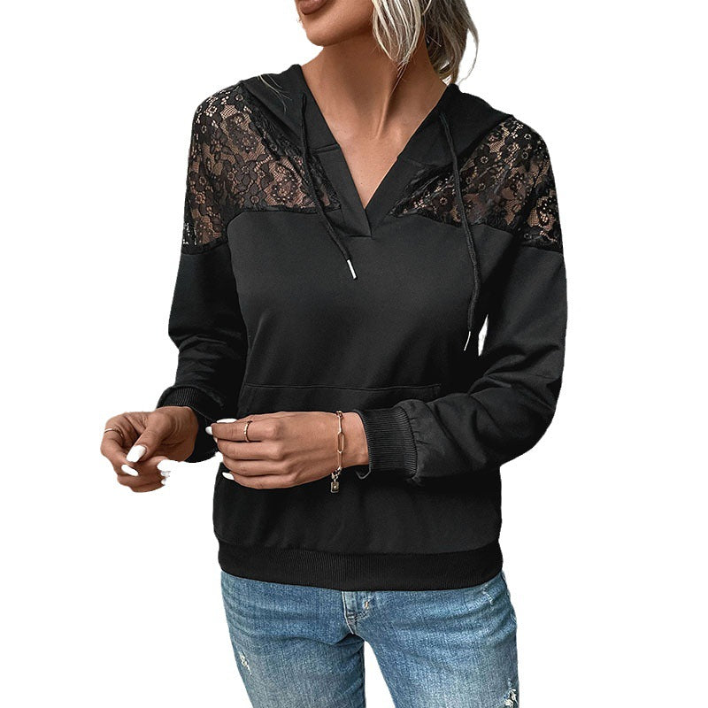 Ladies hooded sweatshirt with lace insert and V-neck Mune Fashion