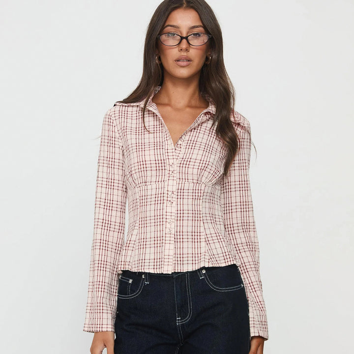 Women's tailored checkered blouse jacket with corset seam and continuous button placket Mune Fashion
