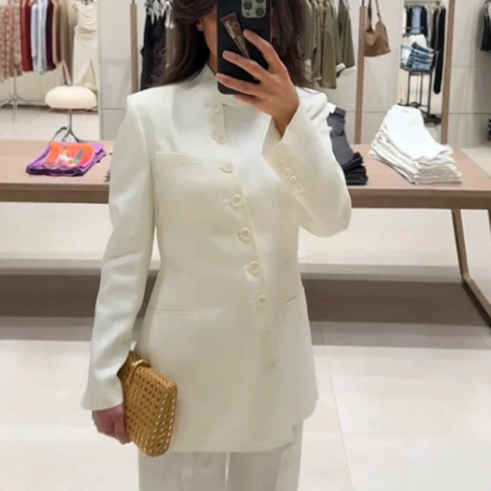 Women Longline Blazer with Stand Collar and Slim Silhouette Mune Fashion
