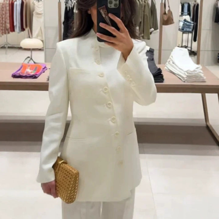 Women Longline Blazer with Stand Collar and Slim Silhouette Mune Fashion