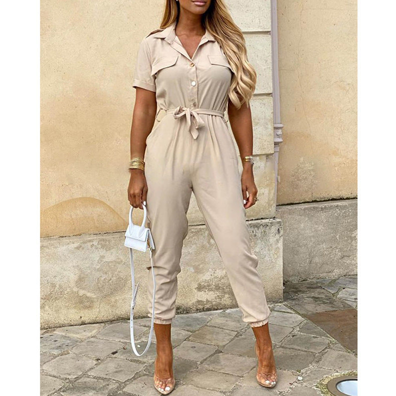 Women Short Sleeve Utility Overall with Waist Tie Belt and Slim Jogger Legs Mune Fashion