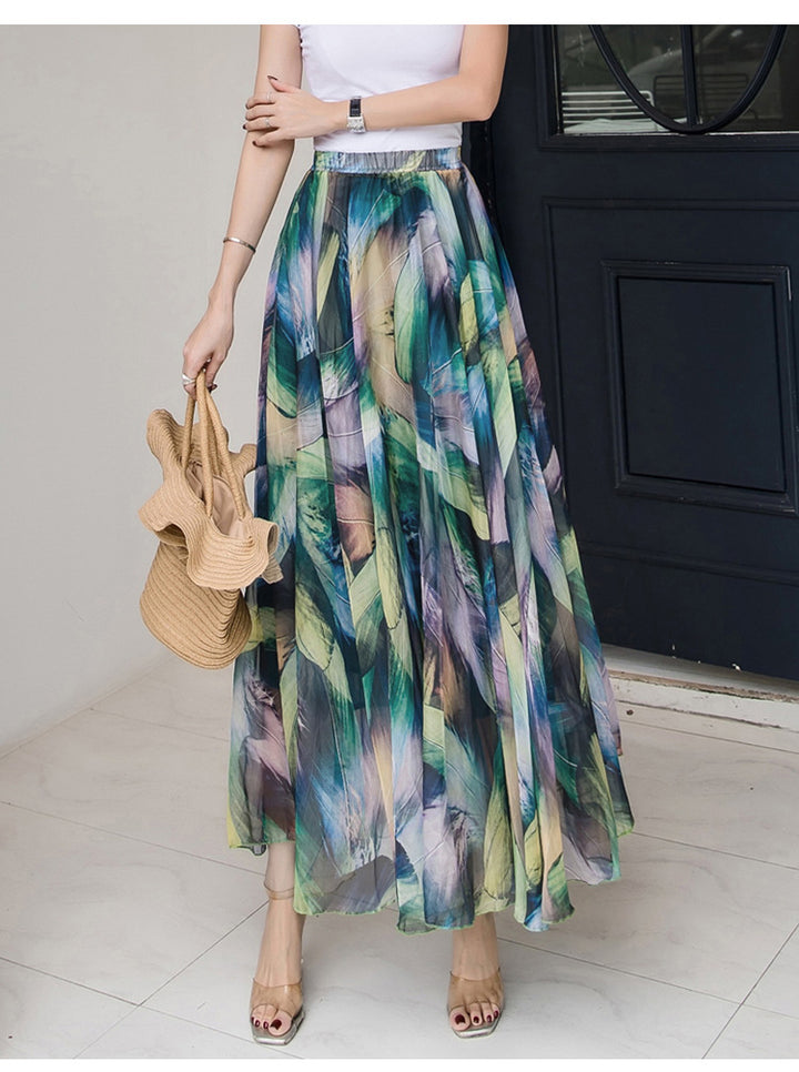 Women long pleated maxi skirt with floral summer print and elastic waistband Mune Fashion