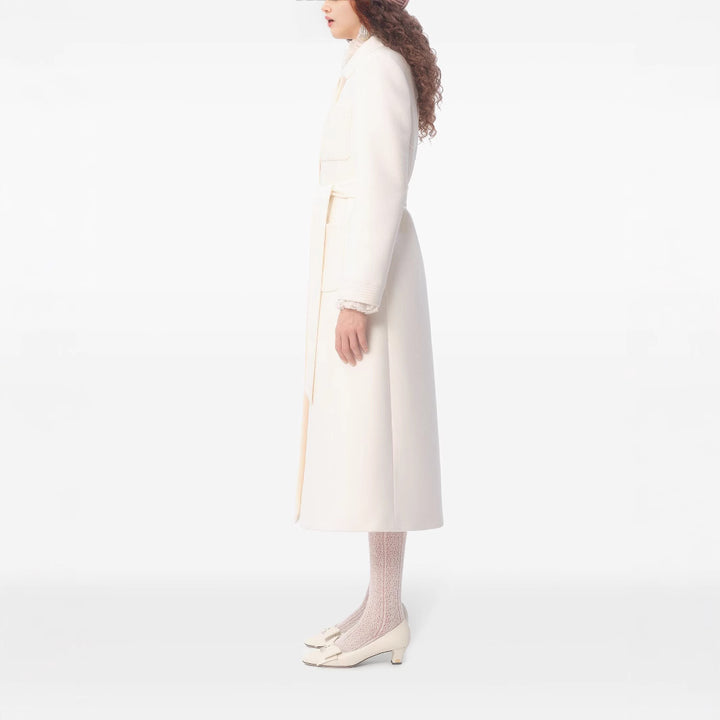 Women's longer tailored wool coat with tie belt and lace trim Mune Fashion
