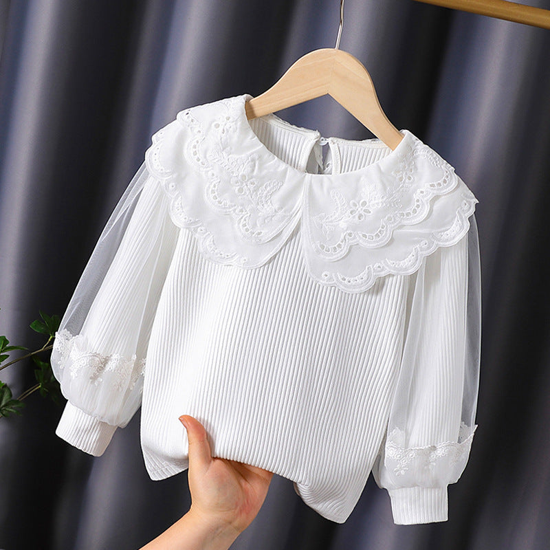 Girl's fashionable blouse with elegant lace collar and tulle sleeves Mune Fashion