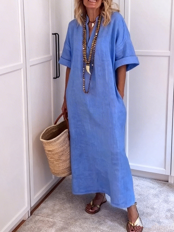 Women's Linen Maxi Dress with V-Neck and Practical Pockets Mune Fashion