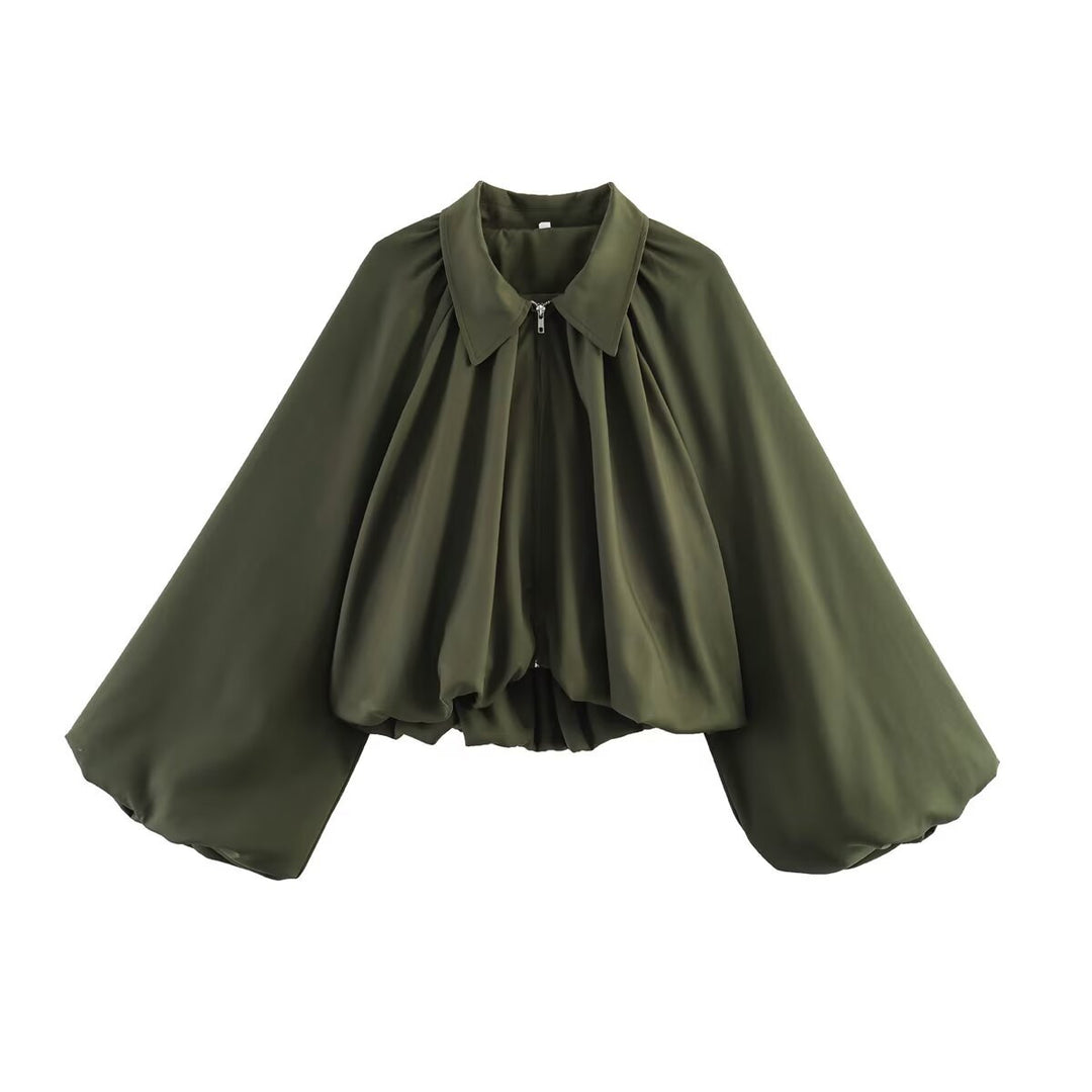 Women’s short-cut blouse jacket with wide balloon sleeve and zipper Mune Fashion
