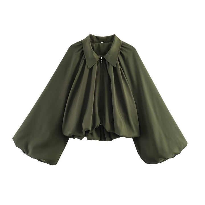 Women’s short-cut blouse jacket with wide balloon sleeve and zipper Mune Fashion