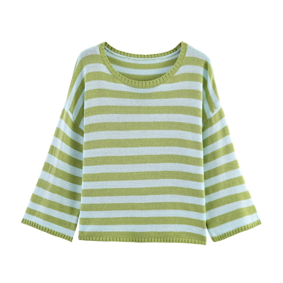 Women Oversized Striped Fine Knit Sweater with Round Neck and Half-Length Sleeves Mune Fashion