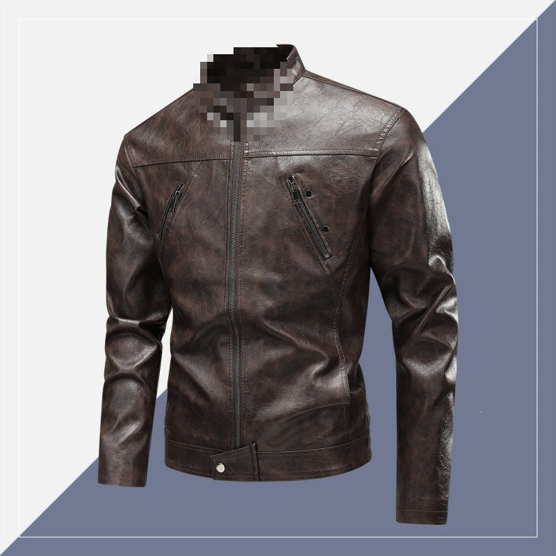 Men's Faux Leather Biker Jacket with Stand-Up Collar, Slim Fit & Diagonal Zipper Pockets Mune Fashion