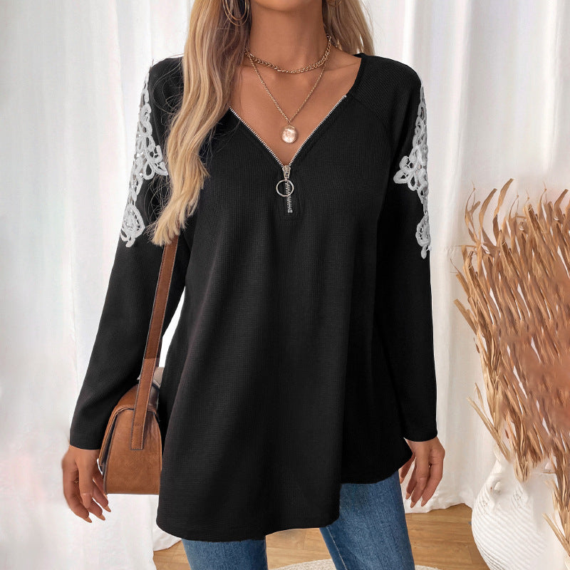 Women's Casual Long Sleeve Tunic Shirt with V-Zipper and Lace Application Mune Fashion