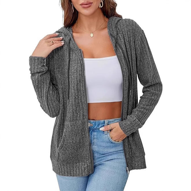 Women's knit hooded jacket with zipper, waffle texture and slip pockets Mune Fashion