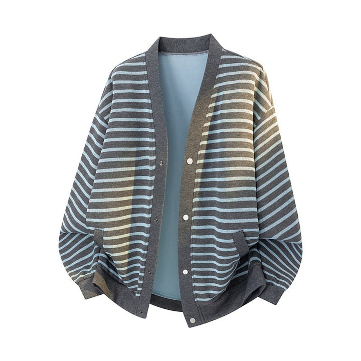 Women Oversized Stripe Cardigan with Snap Button Placket, Side Pockets & Raglan Sleeves Mune Fashion
