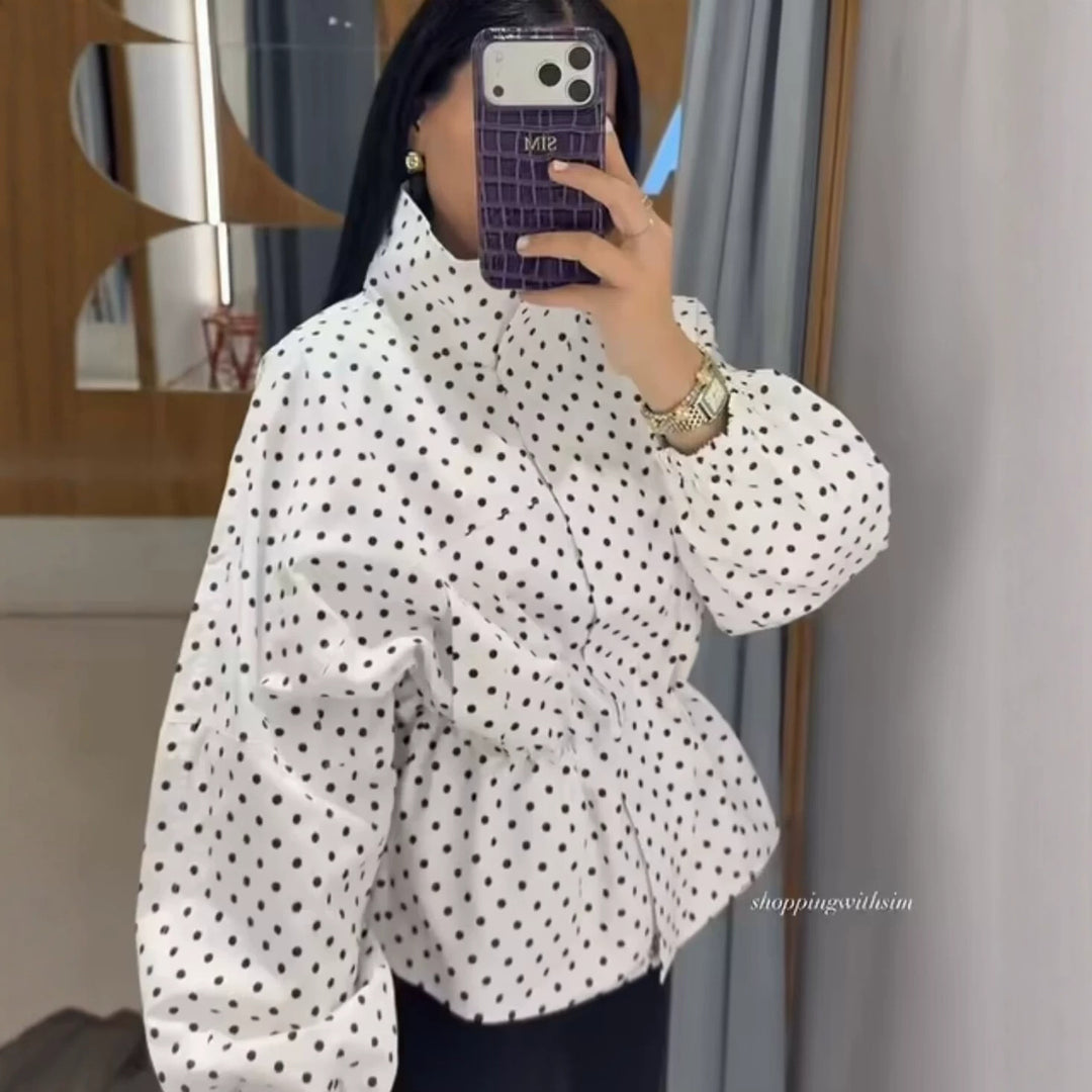 Women Lightweight Polka Dot Rain Jacket with Waist Drawstring Mune Fashion