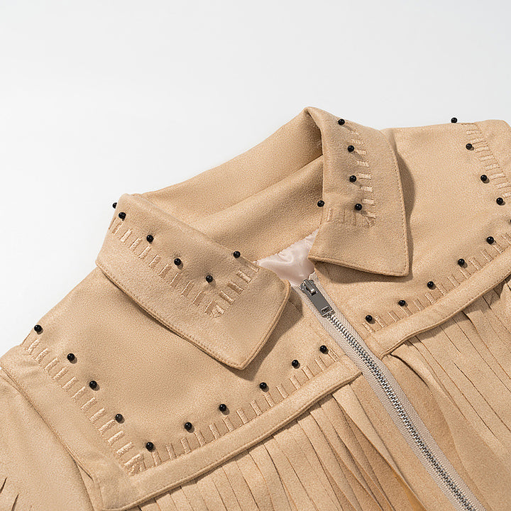 Women's Short Fringe Suede Jacket in Western Style with Studded Accents and Front Zipper Mune Fashion