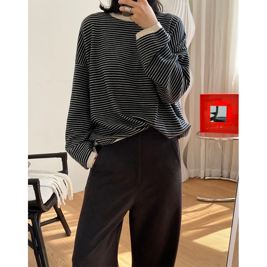 Women's Striped Fine Knit Sweater with Dropped Shoulder and Ribbed Collar Mune Fashion