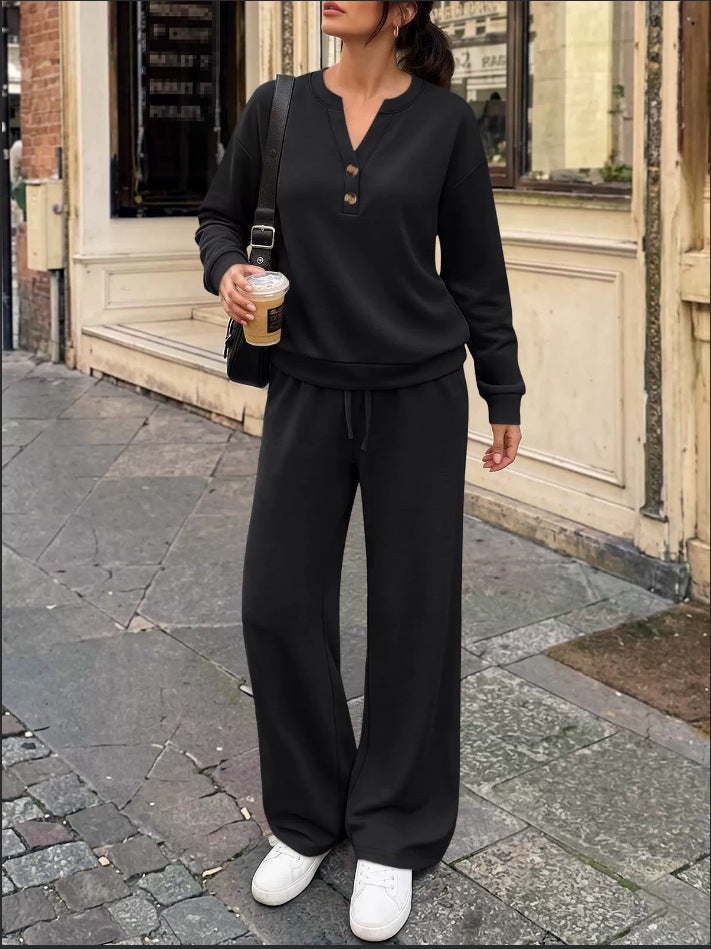 Ladies Lounge Set with Henley Collar and Palazzo Wide Jogging Pants Mune Fashion