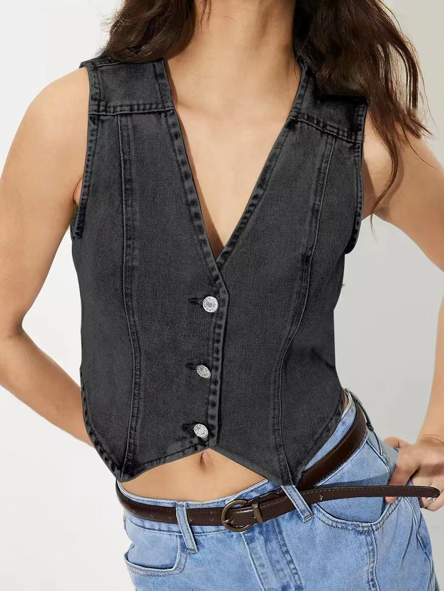 Women tailored sleeveless denim vest with V-neck Mune Fashion