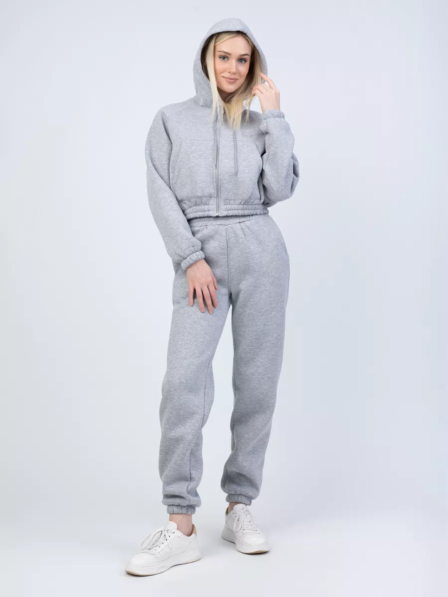 Women Cropped Zip Hoodie with Elastic High-Waist Jogging Pants Mune Fashion