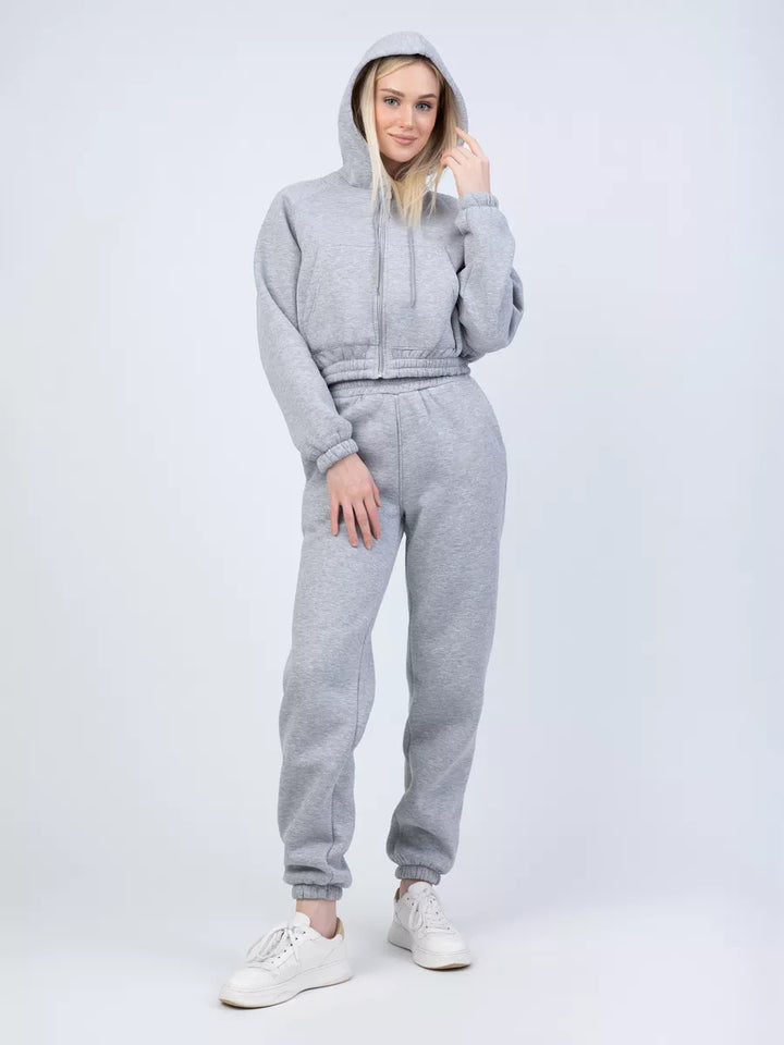Women Cropped Zip Hoodie with Elastic High-Waist Jogging Pants Mune Fashion