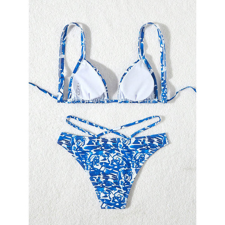 Women's triangle bikini with creative floral print and adjustable lace-up details Mune Fashion