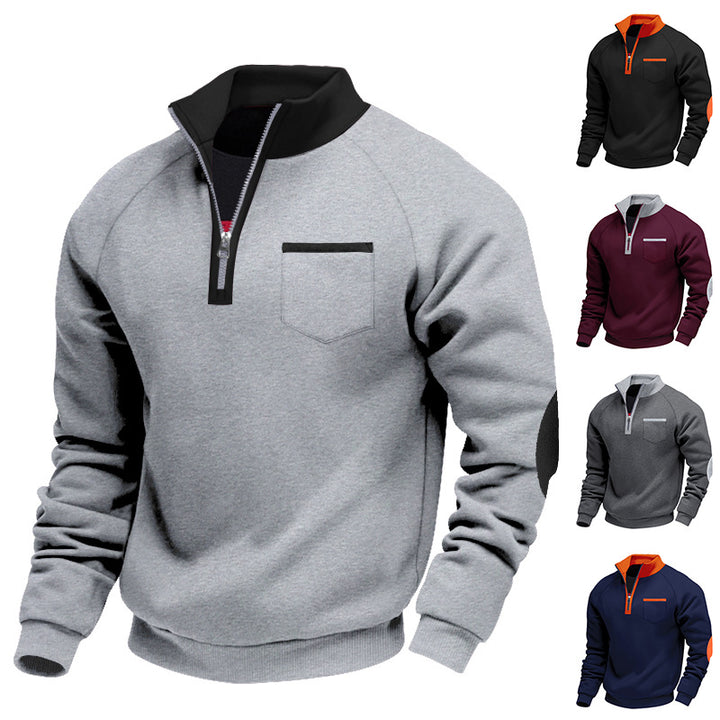Men's Raglan Half-Zip Sweatshirt with Stand-Up Collar, Chest Pocket & Elbow Application Mune Fashion