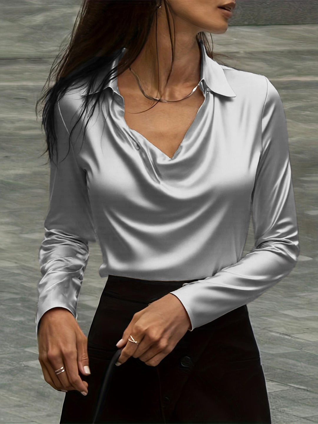 Women's satin blouse with waterfall collar and shirt collar Mune Fashion