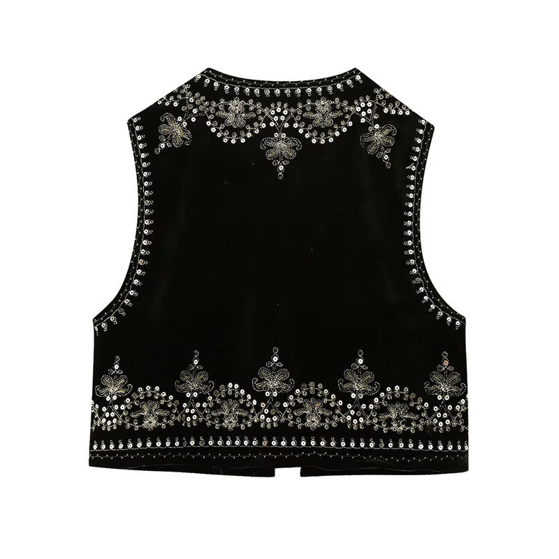 Women Embroidered Velvet Cropped Vest with Bead and Sequin Trim Mune Fashion