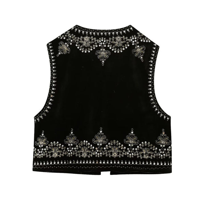 Women Embroidered Velvet Cropped Vest with Bead and Sequin Trim Mune Fashion