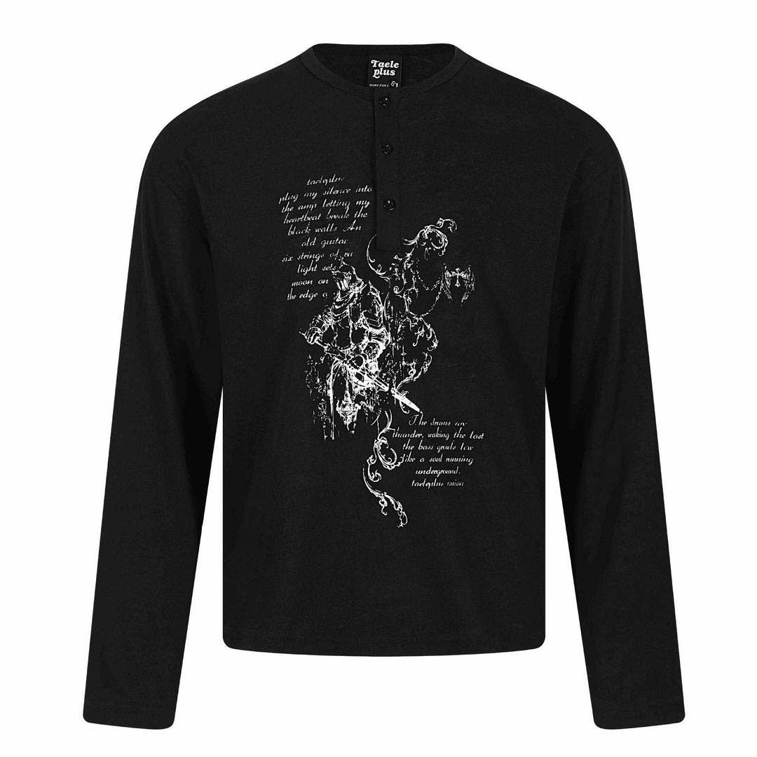 Unisex Long Sleeve Henley Shirt with Button-Up Chest Placket and Vintage Illustration Print Mune Fashion