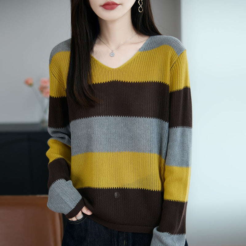 Women Light V-Neck Fine Knit Sweater with Wide Block Stripes and Relaxed Fit Mune Fashion