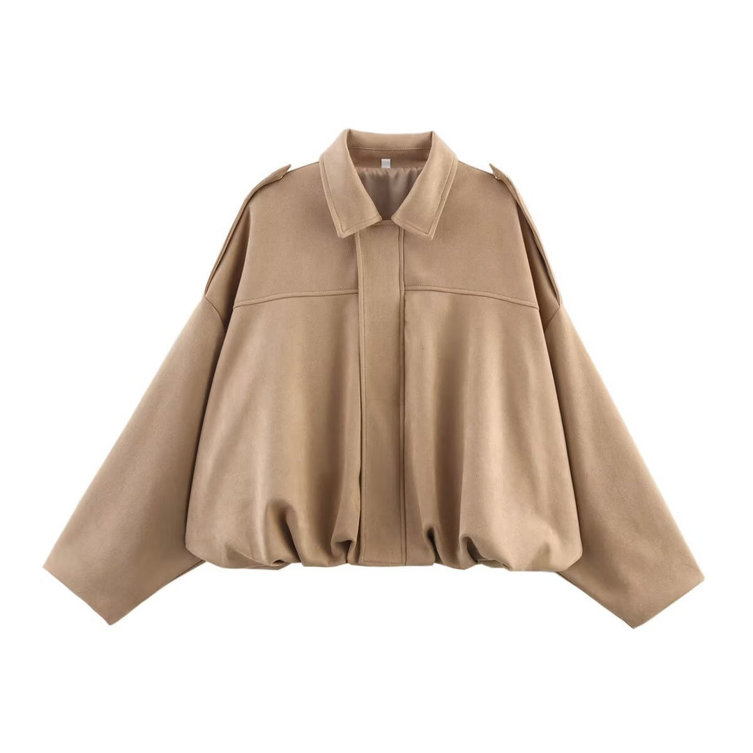 Women's Oversized Short Jacket with Balloon Hem, Shoulder Pads and Concealed Front Placket Mune Fashion