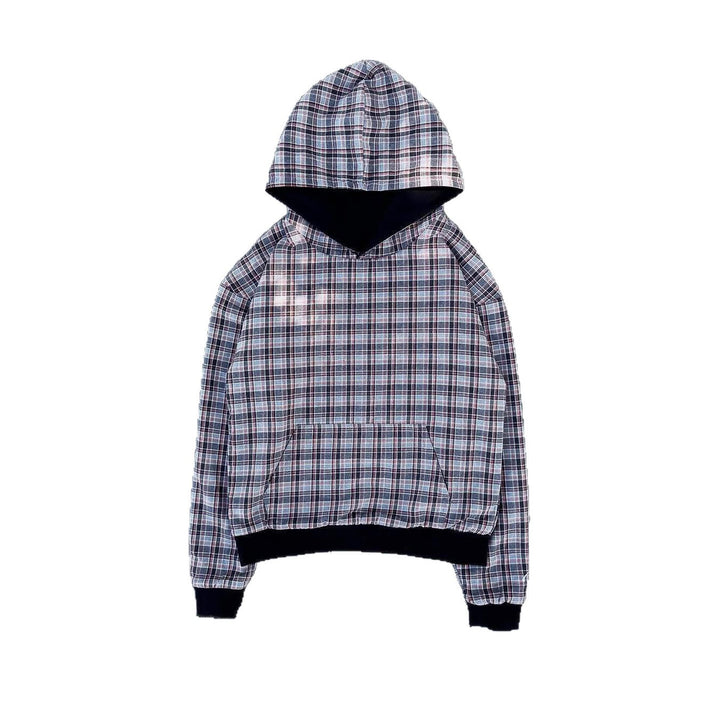 Ladies short-cut hoodie with checkered flannel lining and kangaroo pocket Mune Fashion