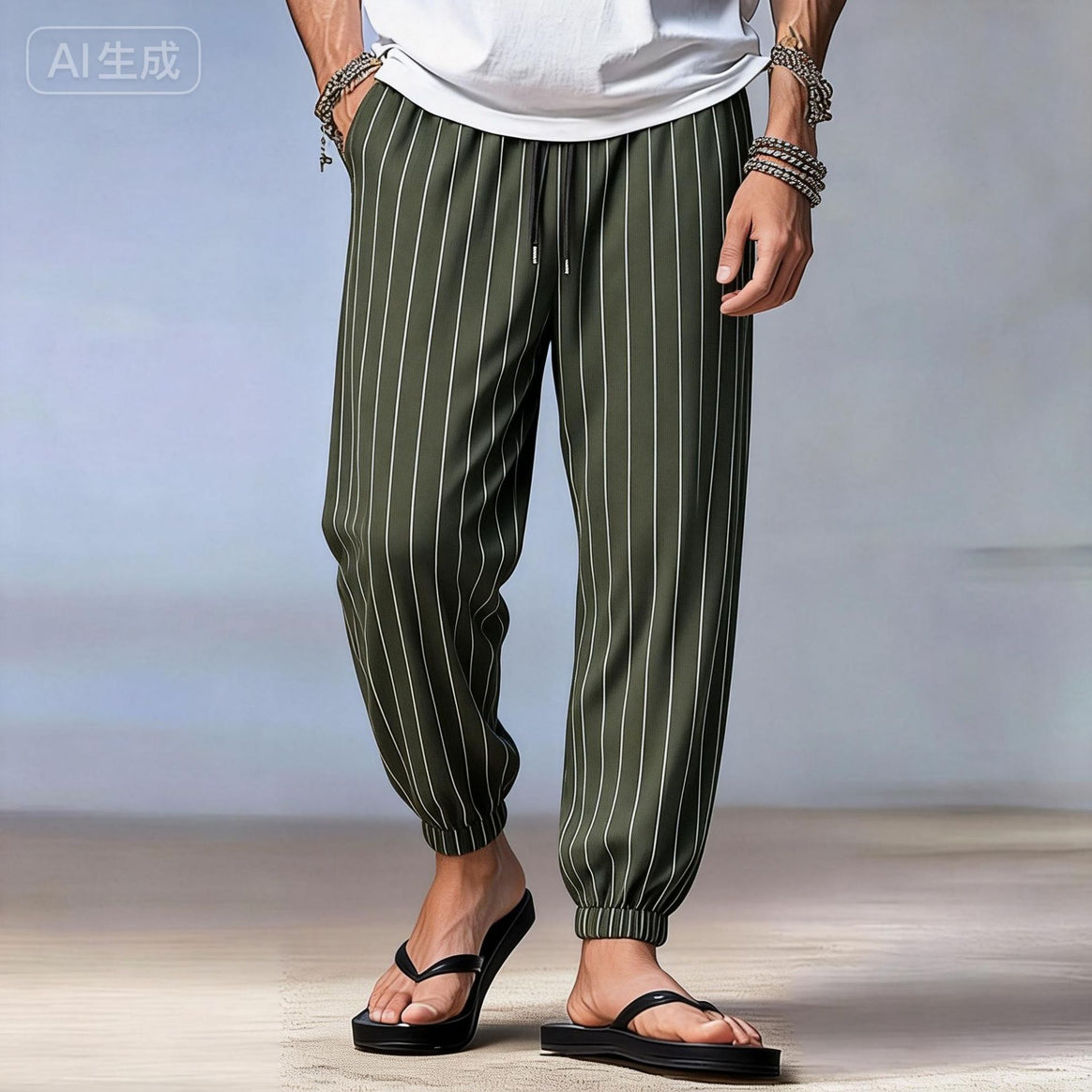 Men's striped jogger-chino with drawstring, crease and elastic ankle cuffs Mune Fashion