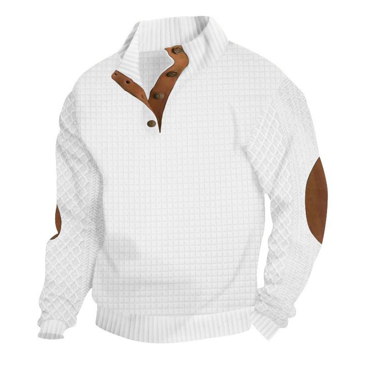Men's waffle knit half-zip sweater with stand-up collar, leather accents, and elbow patches Mune Fashion