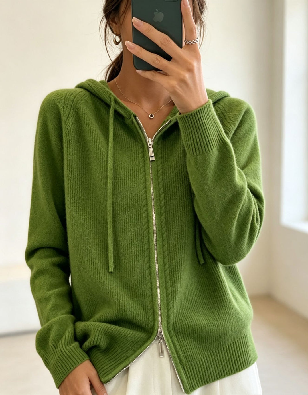 Women's hooded cardigan with zipper, fine knit and ribbed cuffs Mune Fashion