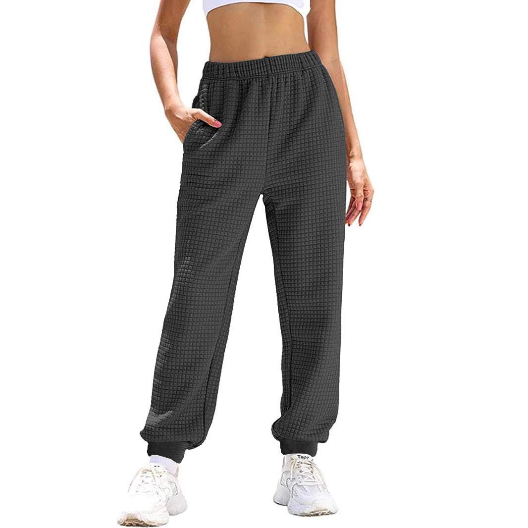 Women's Casual Waffle Knit Lounge Pants with High Elastic Waistband and Cuffs