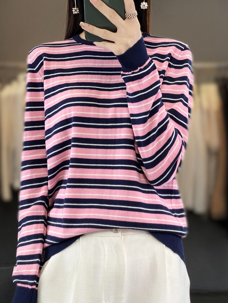 Women's Casual Stripe Fine Knit Sweater with Boxy Silhouette and Contrasting Ribbed Cuffs Mune Fashion