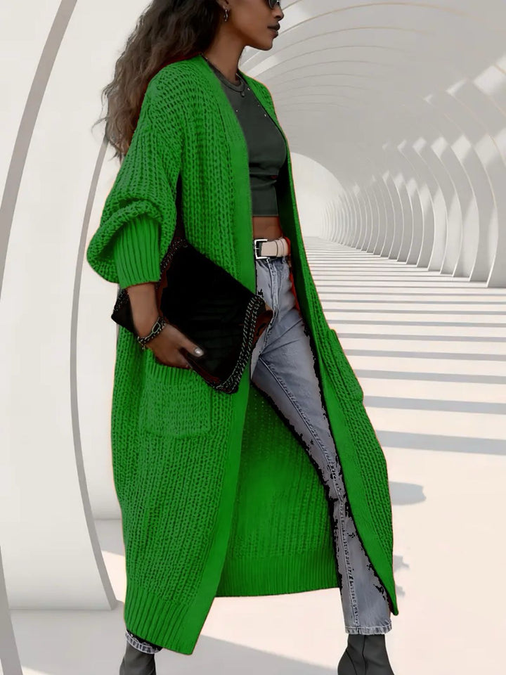 Women Long Open Chunky Knit Coat Cardigan with Braided Structure and Dropped Shoulder Mune Fashion