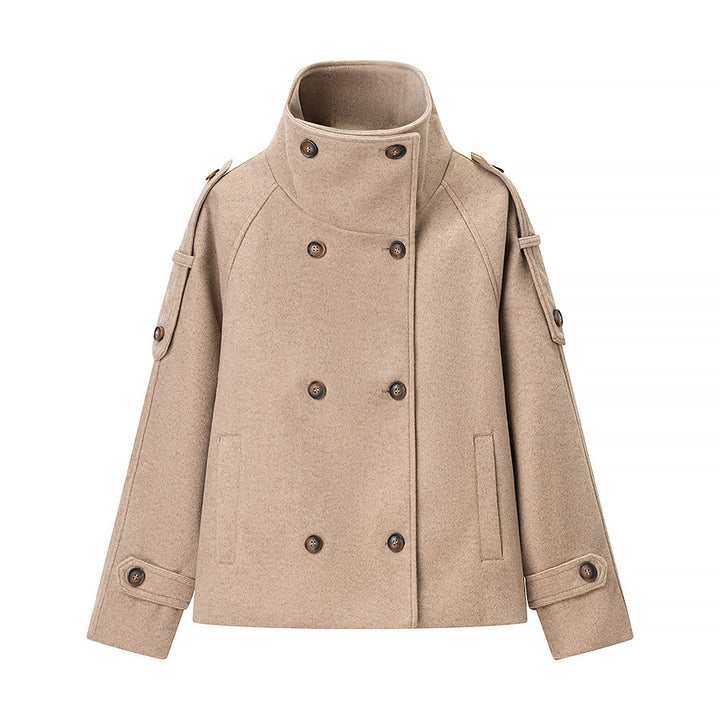 Women's Short Double-Breasted Wool Peacoat with Stand-Up Collar Mune Fashion