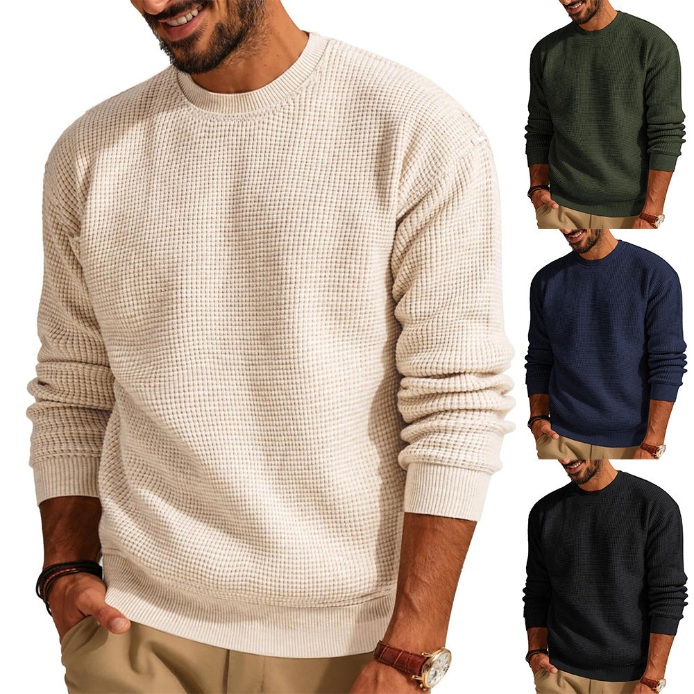 Men's Waffle Knit Sweater with Round Neck Mune Fashion